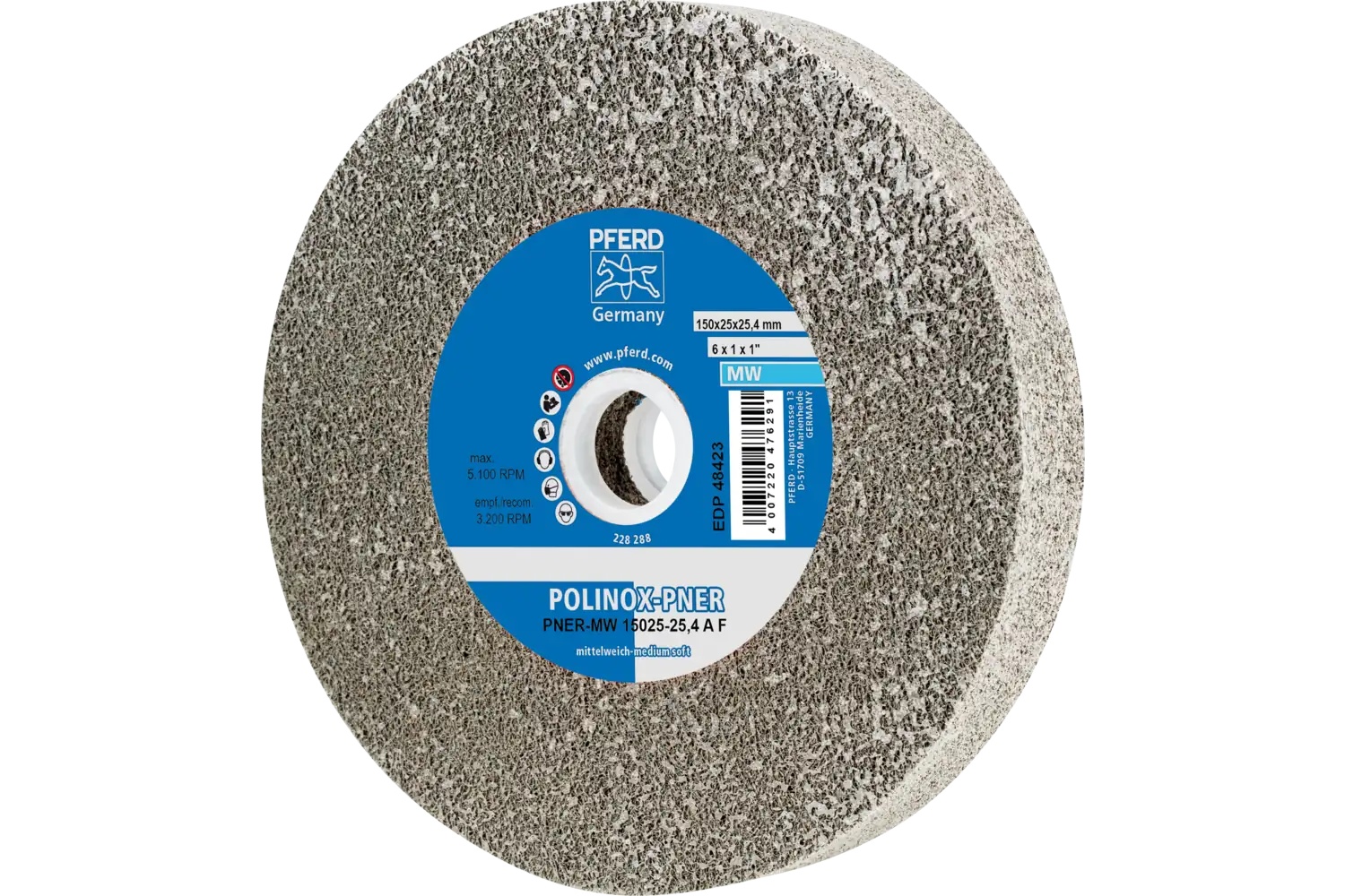 Picture of Pferd Polinox® Unitized Wheel, 6" X 1 X 1, Fine, Soft, 3Af, Aluminum Oxide